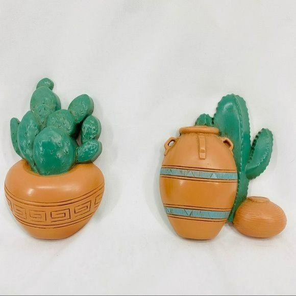 Vintage Southwestern Boho Cactus Clay Pot Decor Pair Wall Decor - Picture 5 of 10